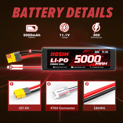 Hosim 11.1V 5000mah 30C XT60 Li-Po Battery for M33 M23 RC Cars