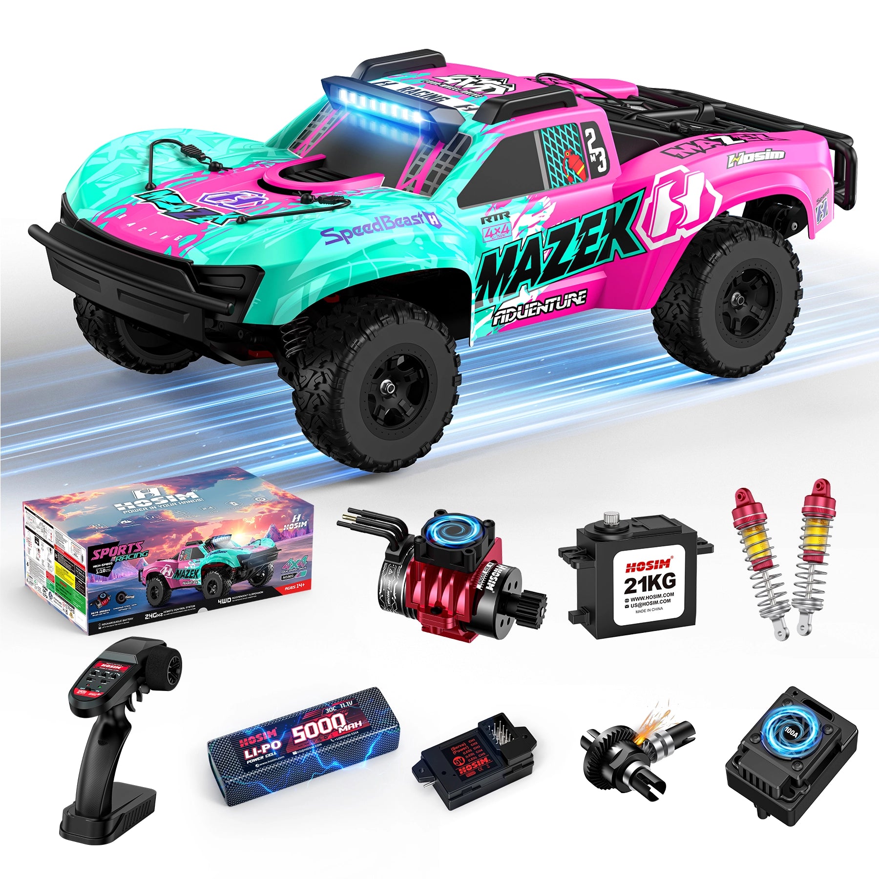 RC Car Mazek M23 1/10 Big Scale 4X4 RTR Professional Short Course Truck 3S/4S Full Metal Drivetrain(Pink)
