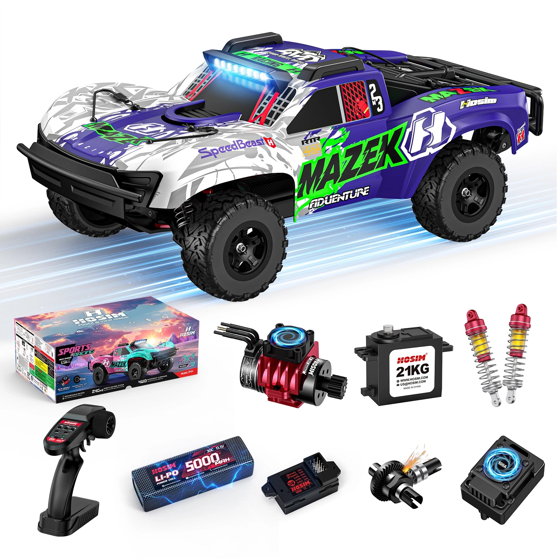 RC Car Mazek M23 1/10 Big Scale 4X4 RTR Professional Short Course Truck 3S/4S Full Metal Drivetrain(Pink)
