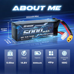 Hosim 14.8V 5000mAh 4S 100C LiPo Battery with XT60 Connector for RC Cars & Models