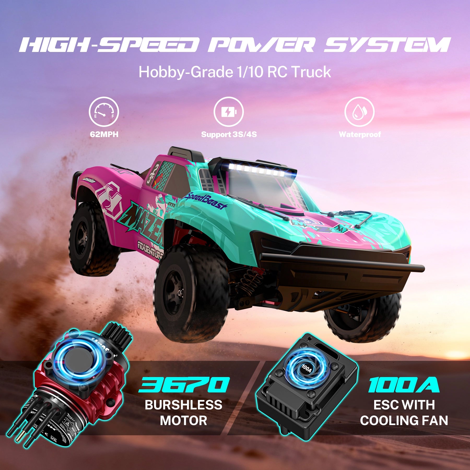 RC Car Mazek M23 1/10 Big Scale 4X4 RTR Professional Short Course Truck 3S/4S Full Metal Drivetrain(Pink)