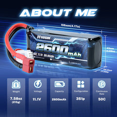 Hosim 11.1V 2600mAh 3S 50C LiPo Battery with T Connector for RC Cars & Models