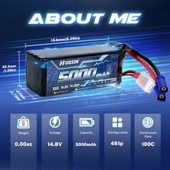 Hosim 14.8V 5000mAh 4S 100C LiPo Battery with EC5 Connector for RC Cars & Models
