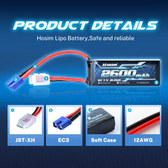 Hosim 11.1V 2600mAh 3S 50C LiPo Battery with EC3 Connector for RC Cars & Models
