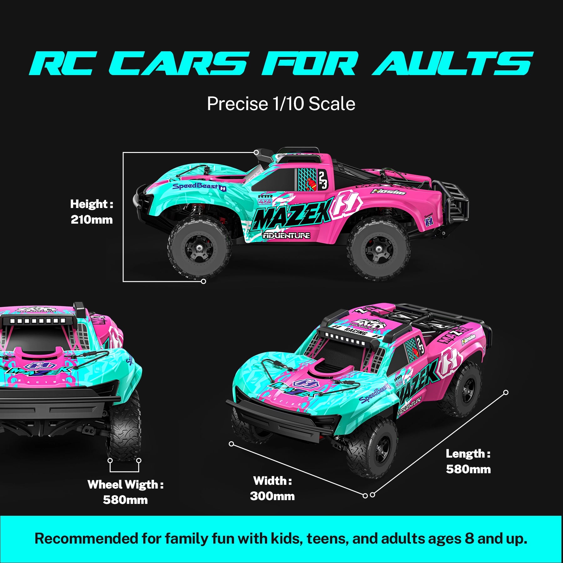 RC Car Mazek M23 1/10 Big Scale 4X4 RTR Professional Short Course Truck 3S/4S Full Metal Drivetrain(Pink)