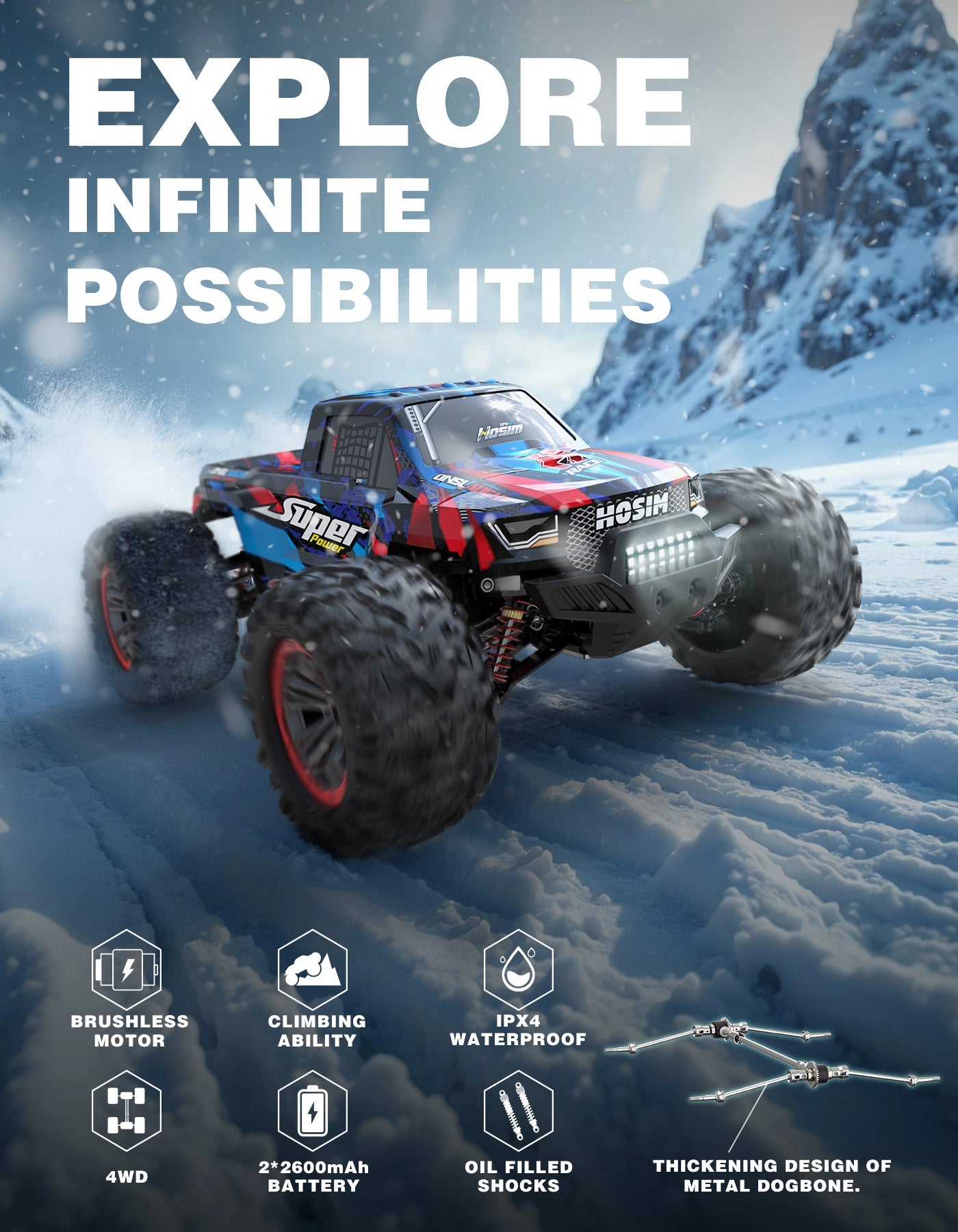 Hosim RC Car 1/10 Brushless SUPER X08 High Speed 43MPH All Terrain 4WD Off Road