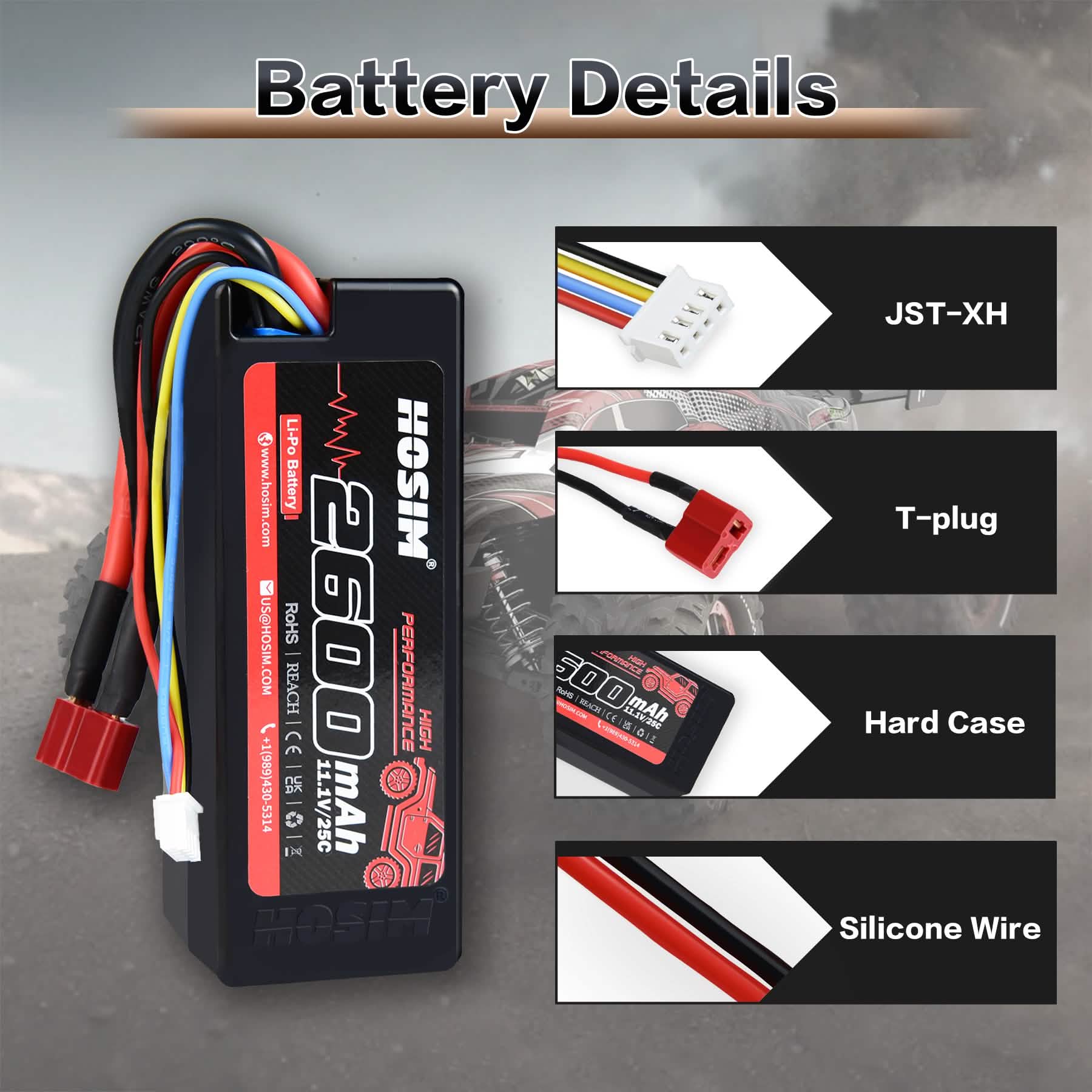 RC Car Battery 2PCS 3S 11.1V 2600mAh Li-po Battery 25C for 1/10 Scale