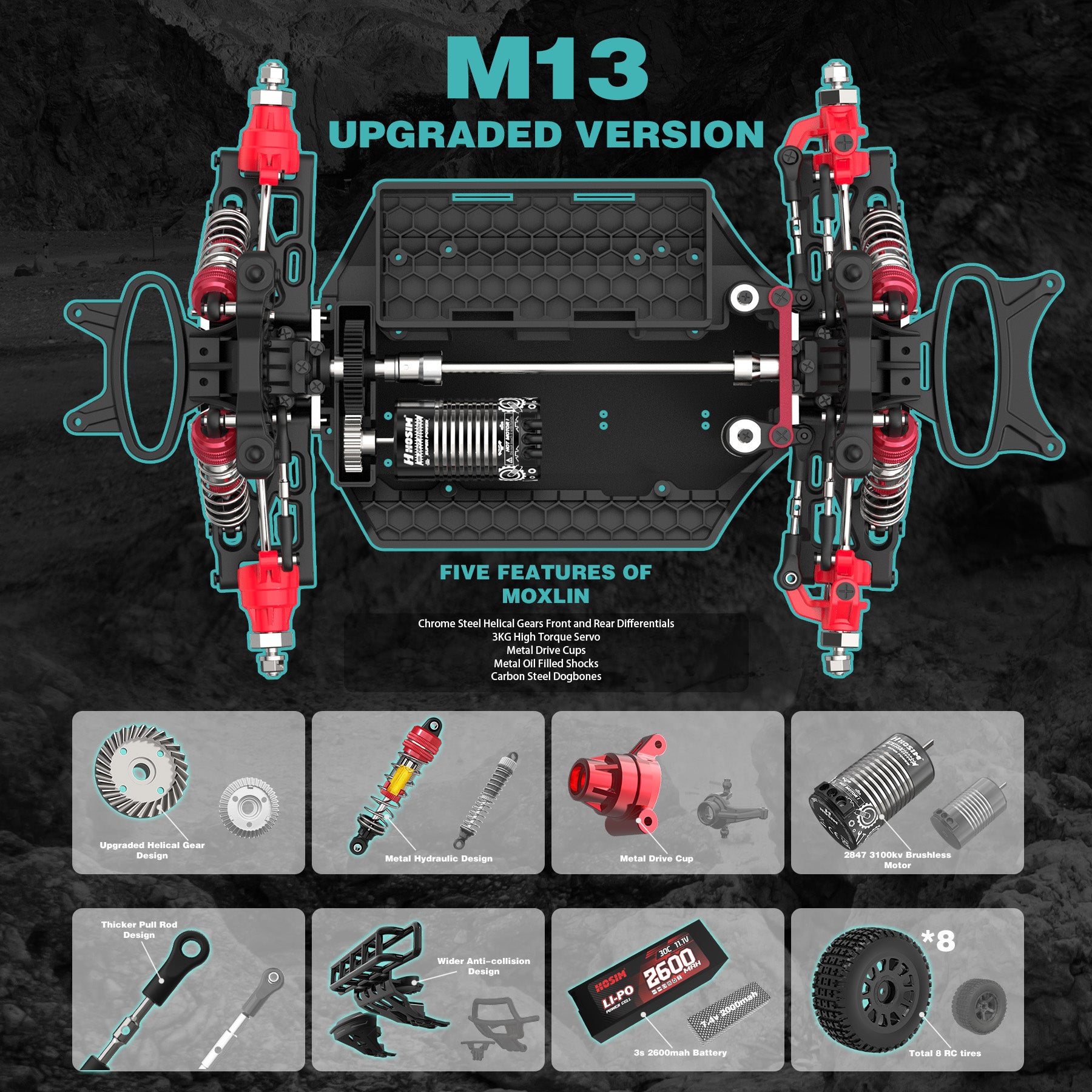 RC Car 1/14 Brushless MOXLIN M13 Fast 50 MPH For Adults 4X4 All Terrain Off Road Hobby Electric Monster Truck With 3S Battery
