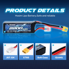 Hosim 14.8V 2200mAh 4S 100C LiPo Battery with XT60 Connector for RC Cars & Models