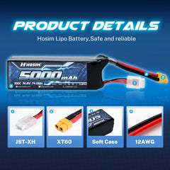Hosim 14.8V 5000mAh 4S 100C LiPo Battery with XT60 Connector for RC Cars & Models