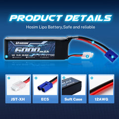 Hosim 14.8V 6000mAh 4S 40C LiPo Battery with EC5 Connector for RC Cars & Models