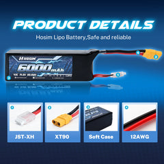 Hosim 14.8V 6000mAh 4S 40C LiPo Battery with XT90 Connector for RC Cars & Models