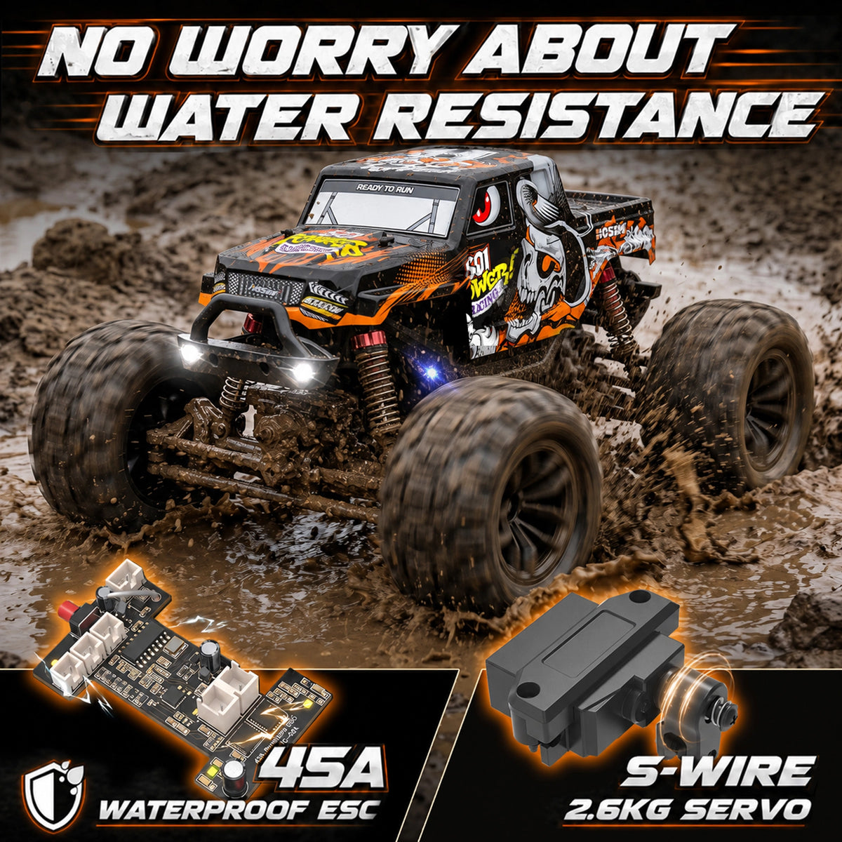 RC Car S01 1/18 38+ KM/H Doppelmotor Allradantrieb All-Terrain Wasserdichter RC Monstertruck für Jungen (Orange)