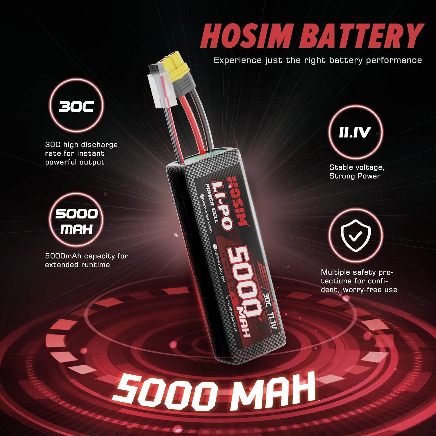 Hosim XT60 2PCS 11.1V 5000mah 30C Li-Po Battery For M33 M23 RC Cars