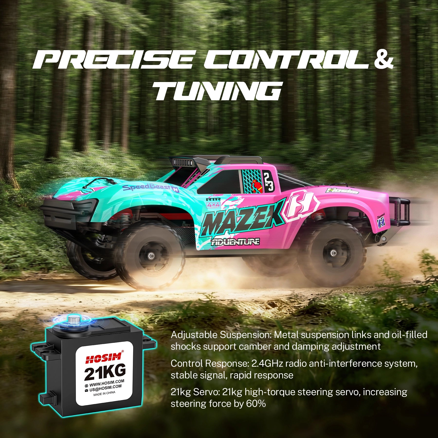 RC Car Mazek M23 1/10 Big Scale 4X4 RTR Professional Short Course Truck 3S/4S Full Metal Drivetrain(Pink)