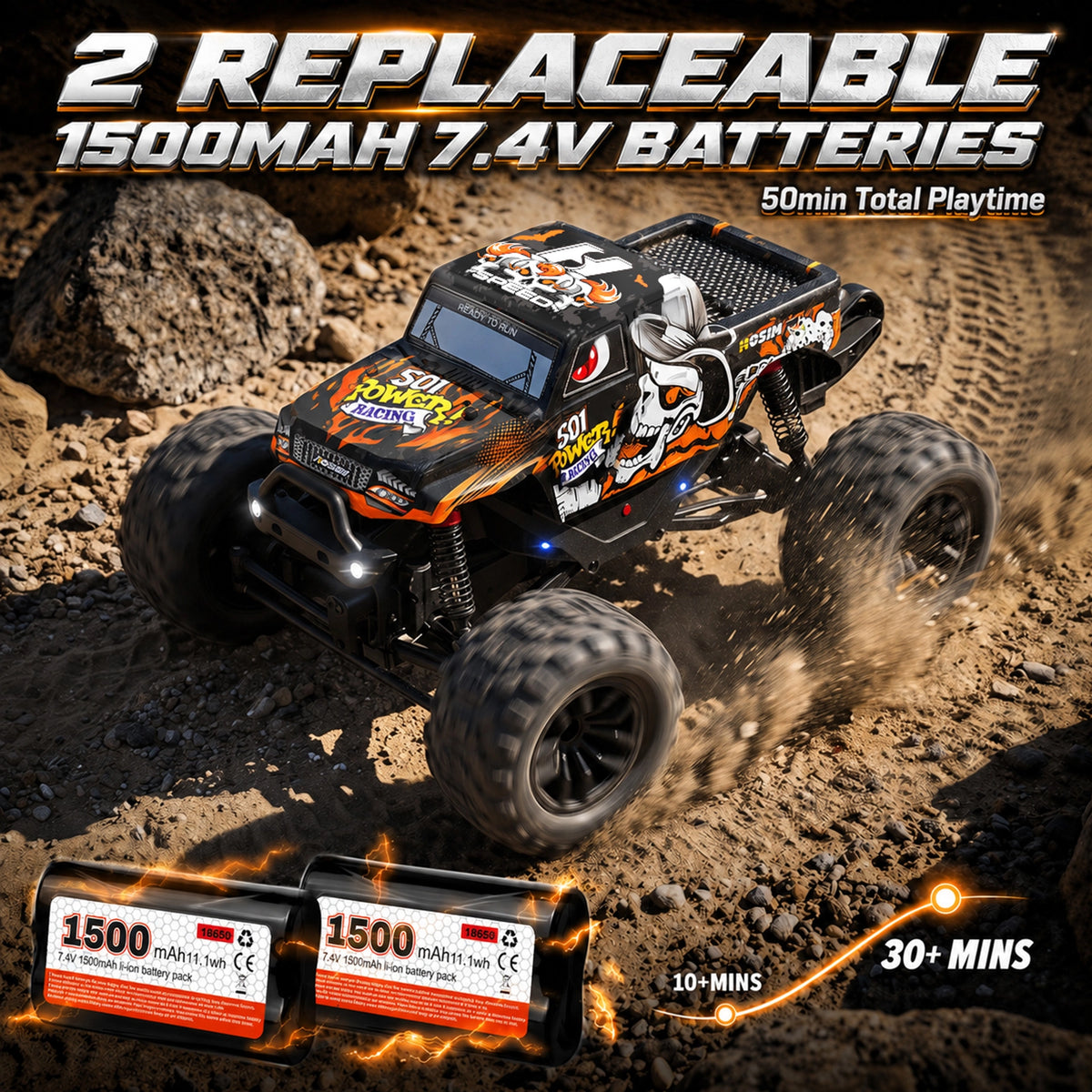 RC Car S01 1/18 38+ KM/H Doppelmotor Allradantrieb All-Terrain Wasserdichter RC Monstertruck für Jungen (Orange)
