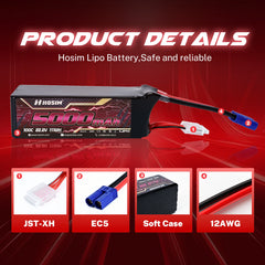 Hosim 22.2V 5000mAh 6S 100C LiPo Battery with EC5 Connector for RC Cars & Models