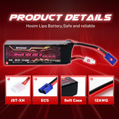 Hosim 22.2V 6000mAh 6S 40C LiPo Battery with EC5 Connector for RC Cars & Models