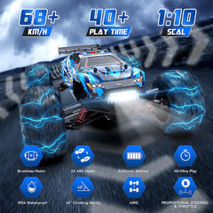 Hosim 1:10 Brushless RC Auto, 4WD 68+ km/h Ferngesteuertes Auto Erwachsene, Hobby-Grade RC Offroad LKW Kinder (Blau, X07)