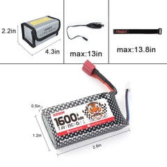 Hosim 7.4V 1600mAh Li-Po Battery 25-DJ02 & 1 Safety Bag +USB for 9125 9126 HS9125 RC Car