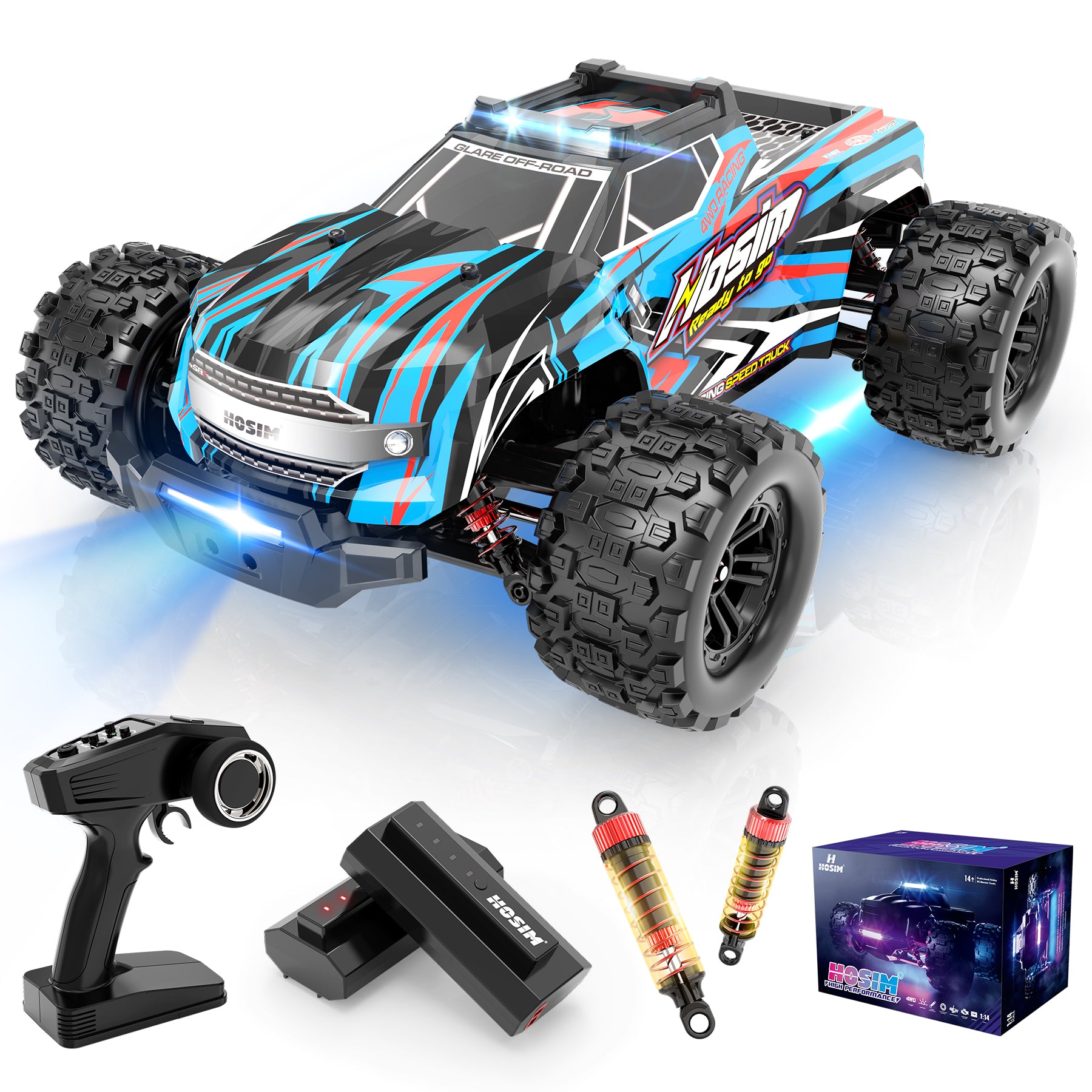 Hosim 1:14 RC Car Monster Truck with Lights Remote Control Racing Car 4WD Drift High Speed for Adults & Kids