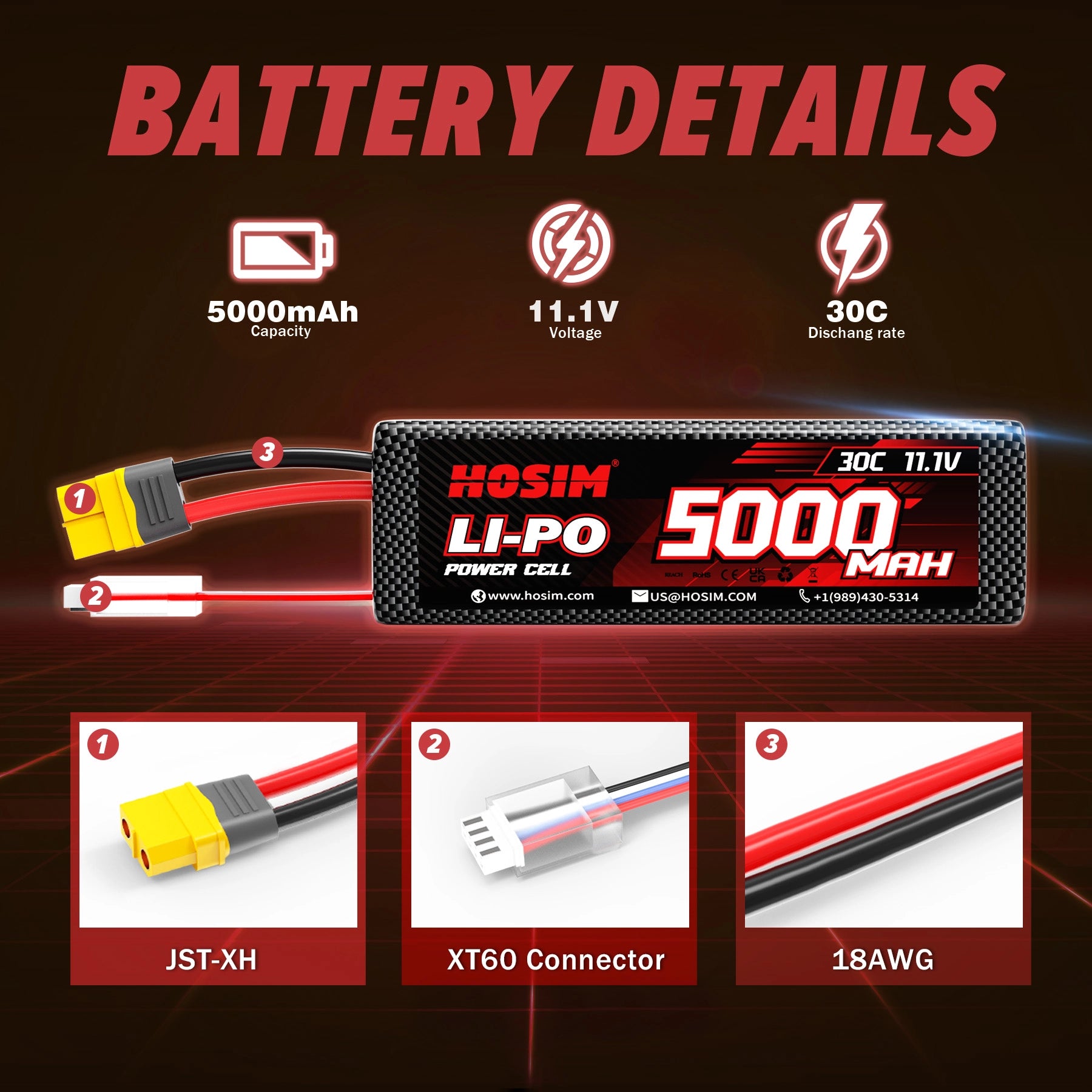 Hosim XT60 2PCS 11.1V 5000mah 30C Li-Po Battery For M33 M23 RC Cars