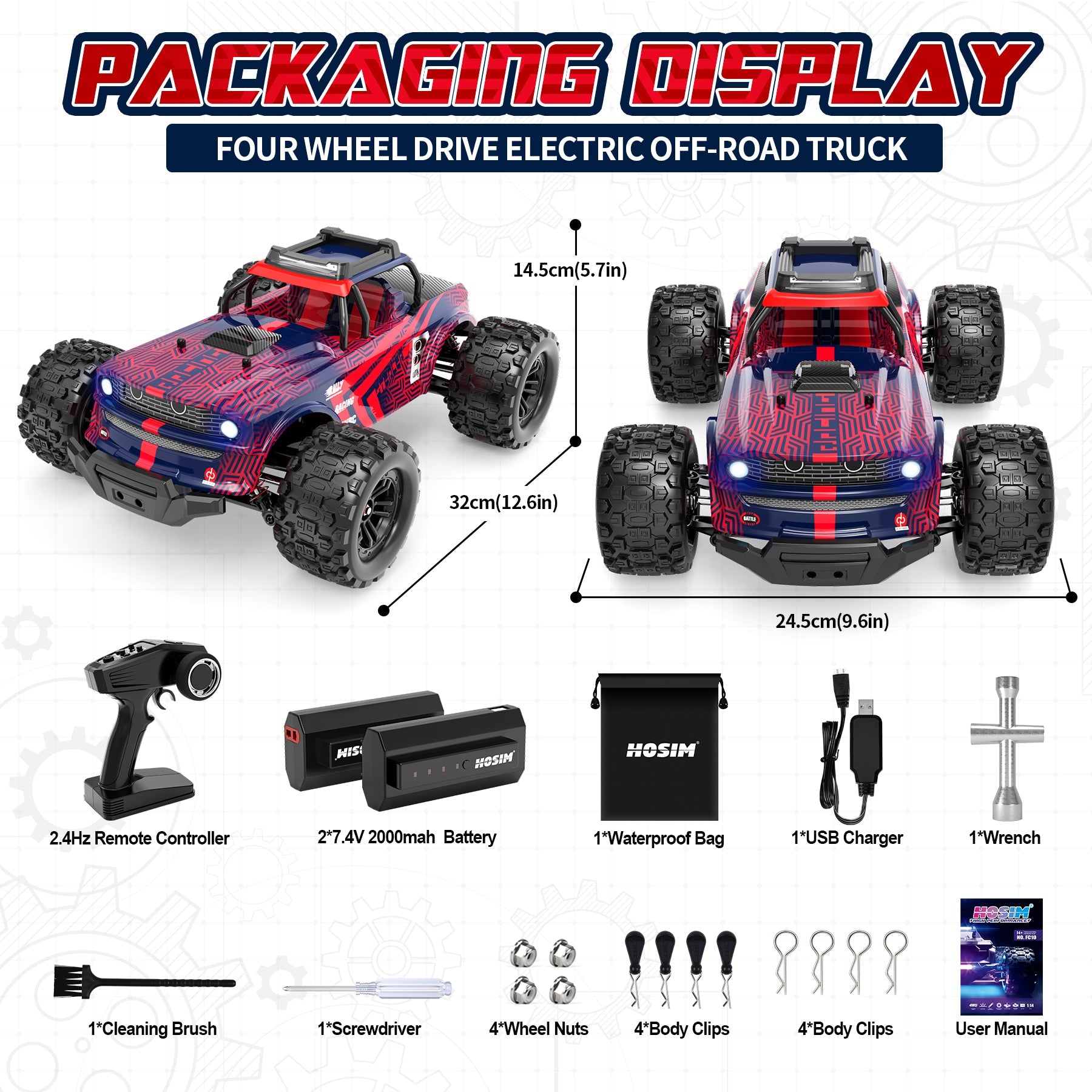 Hosim 1:14 RC Cars with Lights for Adults & Children,40+ KPH Remote Control Car Hobby Electric Off-Road RC Monster Trucks Toys Gifts