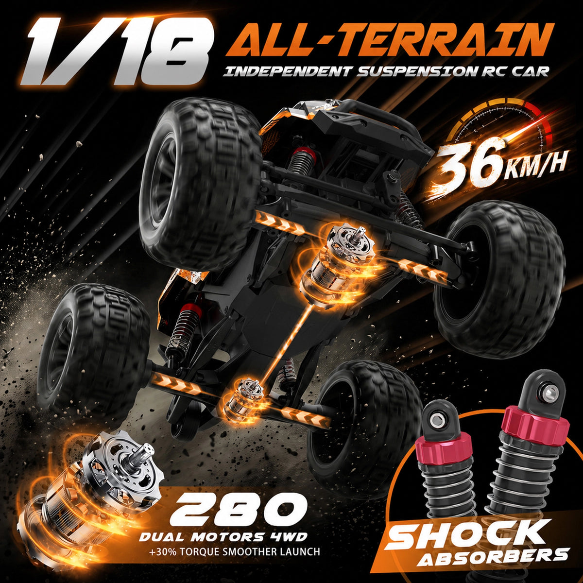 RC Car S01 1/18 38+ KM/H Doppelmotor Allradantrieb All-Terrain Wasserdichter RC Monstertruck für Jungen (Orange)