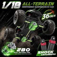 RC Car S01 1/18 38+ KM/H Dual-Motor 4WD All-Terrain Waterproof RC Monster Truck For Boys(Green)