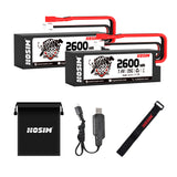 Hosim 2pcs 7.4V 2600mAh 25C T Connector Li-ion Battery Pack with 1 Battery Bag, 1Double battery connector & 1 Strap for X07 RC Cars