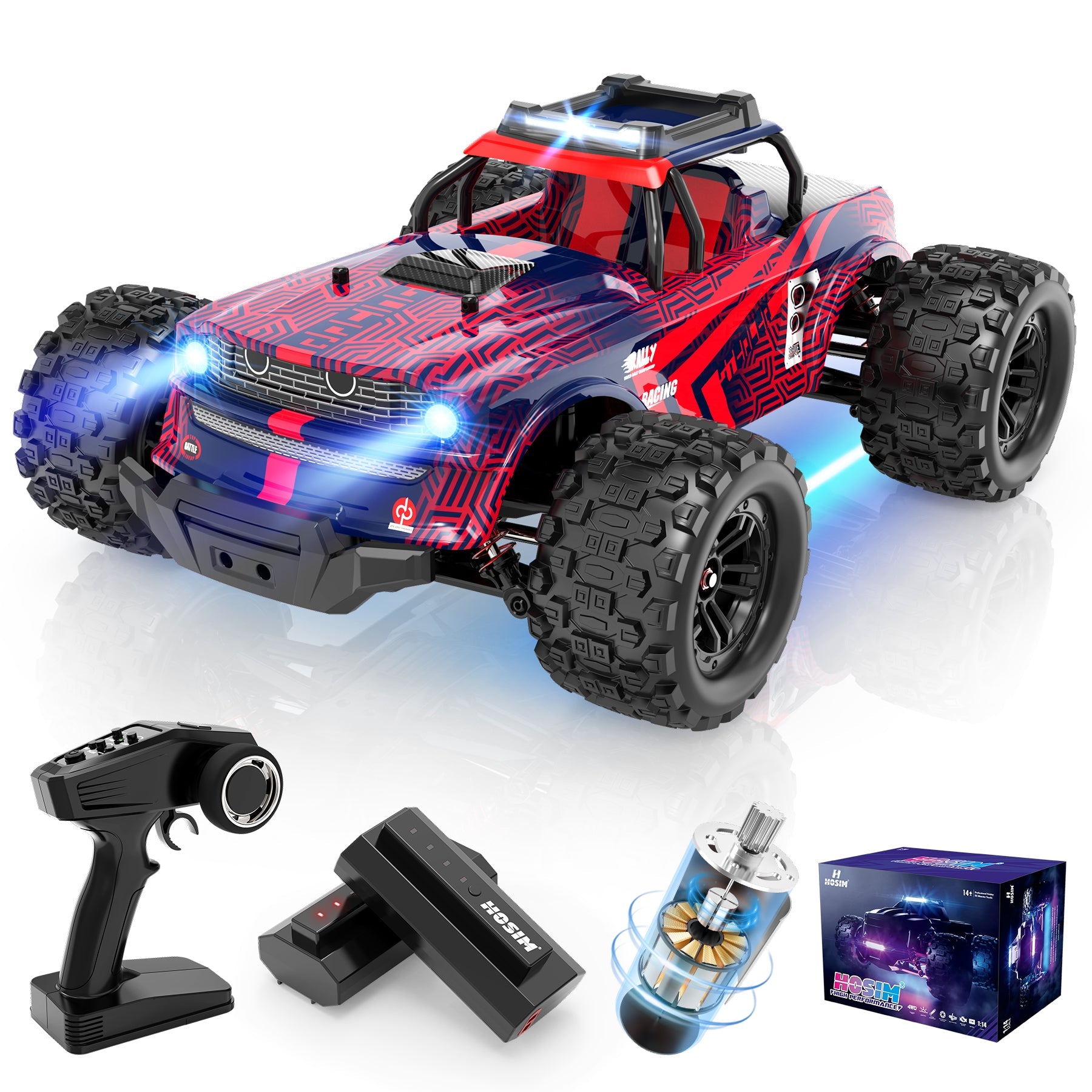 Hosim 1:14 RC Cars with Lights for Adults & Children,40+ KPH Remote Control Car Hobby Electric Off-Road RC Monster Trucks Toys Gifts