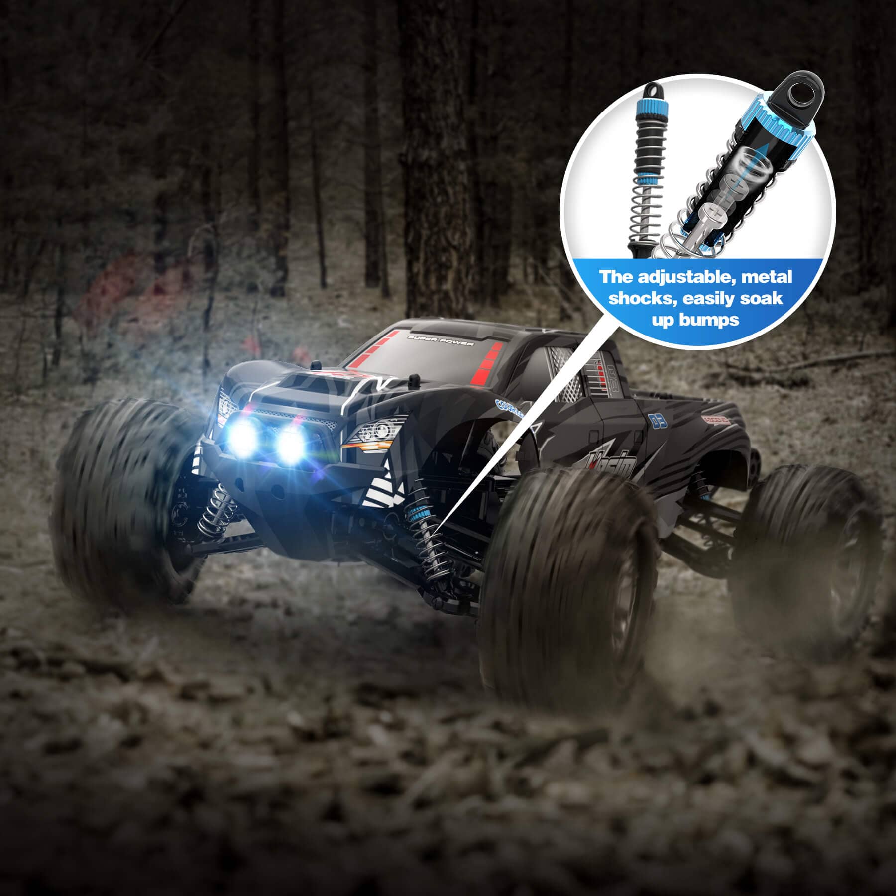 Hosim 1:10 RC Car, High Speed Remote Control Car RC Monster Truck 48+ KMH 4X4 Off-Road RC Truck with Headlights Black