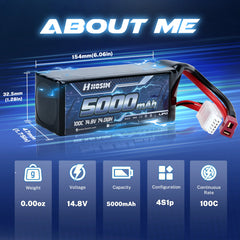 Hosim 14.8V 5000mAh 4S 100C LiPo Battery with T Connector for RC Cars & Models