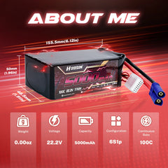 Hosim 22.2V 5000mAh 6S 100C LiPo Battery with EC5 Connector for RC Cars & Models