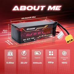 Hosim 22.2V 5000mAh 6S 100C LiPo Battery with XT90 Connector for RC Cars & Models