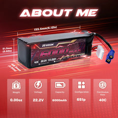 Hosim 22.2V 6000mAh 6S 40C LiPo Battery with EC5 Connector for RC Cars & Models