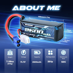 Hosim 11.1V 2600mAh 3S 50C LiPo Battery with EC3 Connector for RC Cars & Models