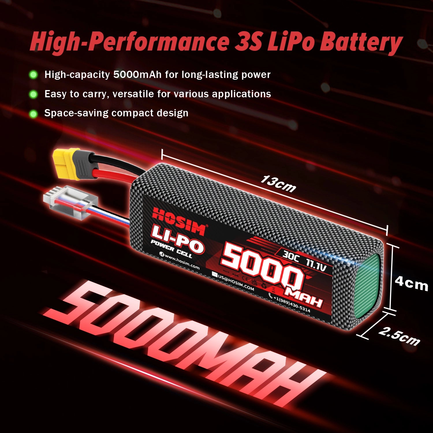 Hosim XT60 2PCS 11.1V 5000mah 30C Li-Po Battery For M33 M23 RC Cars