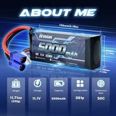 Hosim 11.1V 5000mAh 3S 50C LiPo Battery with EC5 Connector for RC Cars & Models