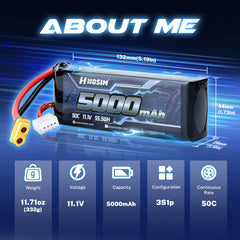 Hosim 11.1V 5000mAh 3S 50C LiPo Battery with XT Connector for RC Cars & Models