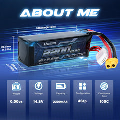 Hosim 14.8V 2200mAh 4S 100C LiPo Battery with XT60 Connector for RC Cars & Models