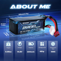 Hosim 14.8V 2200mAh 4S 100C LiPo Battery with T Connector for RC Cars & Models