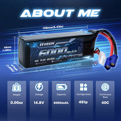 Hosim 14.8V 6000mAh 4S 40C LiPo Battery with EC5 Connector for RC Cars & Models