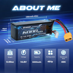 Hosim 14.8V 6000mAh 4S 40C LiPo Battery with XT90 Connector for RC Cars & Models