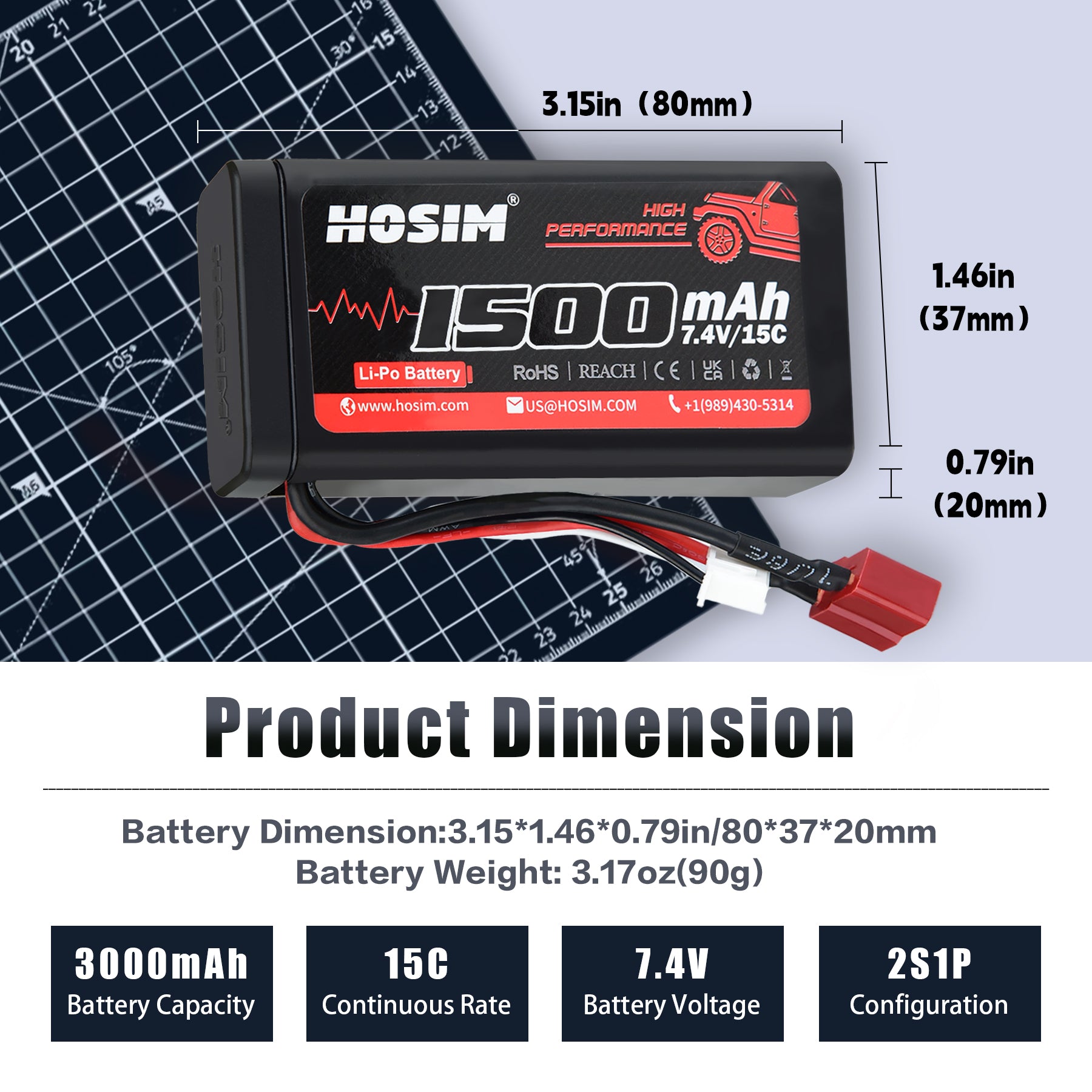 Hosim 2S 7.4V 25C 1500mAh Li-Po Battery for 1:10  X05 X15 X16 RC Car