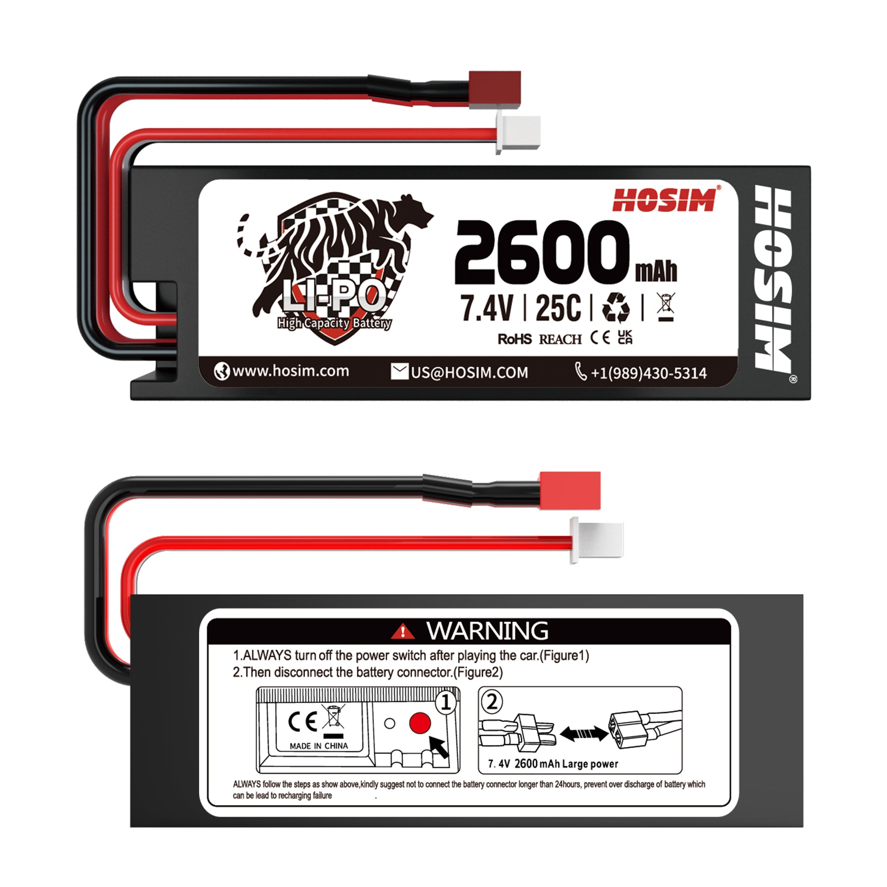 Hosim 2pcs 7.4V 2600mAh 25C T Connector Li-ion Battery Pack with 1 Battery Bag, 1Double battery connector & 1 Strap for X07 RC Cars