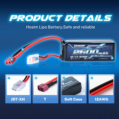 Hosim 11.1V 2600mAh 3S 50C LiPo Battery with T Connector for RC Cars & Models