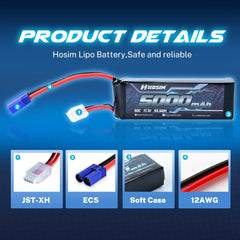 Hosim 11.1V 5000mAh 3S 50C LiPo Battery with EC5 Connector for RC Cars & Models