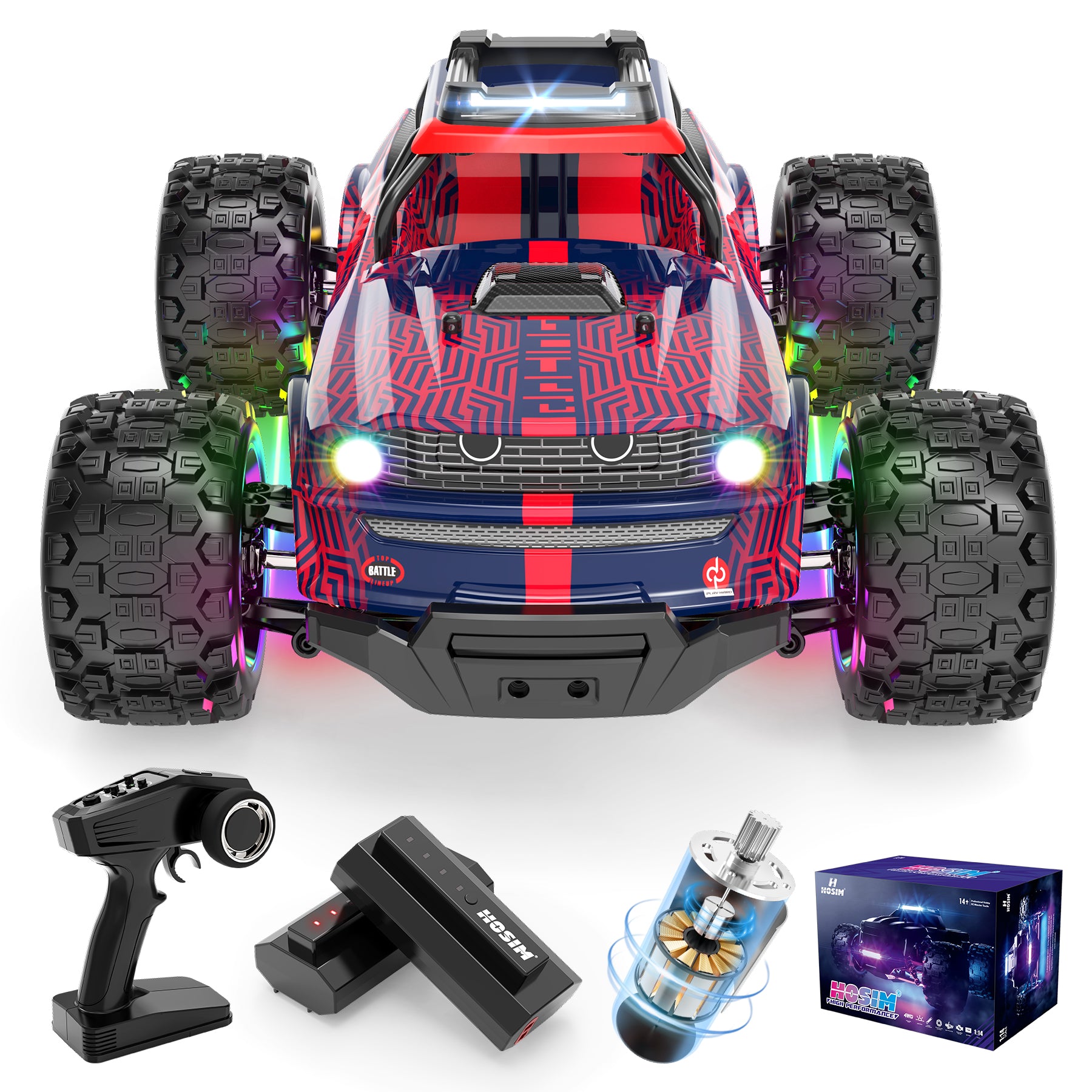 Hosim 1:14 4X4  RC Cars with headlights for Adults,High Speed Remote Control Car RC Trucks,Toy Crawler Electric  Vehicle Car Gift for Kids Red