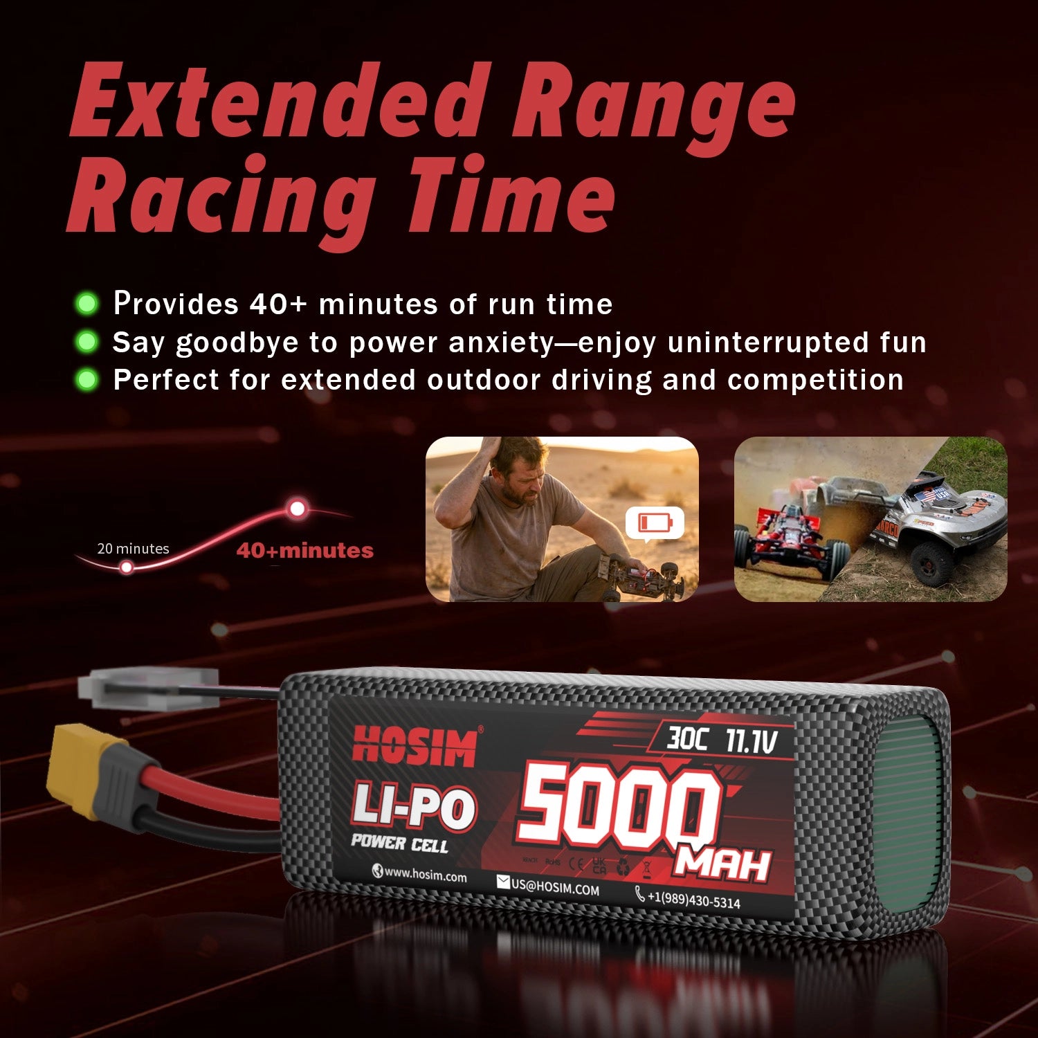 Hosim XT60 2PCS 11.1V 5000mah 30C Li-Po Battery For M33 M23 RC Cars